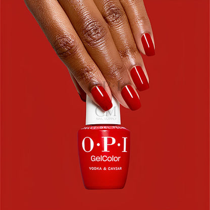 Swatch of OPI Vodka and Caviar red creme gel polish on nails