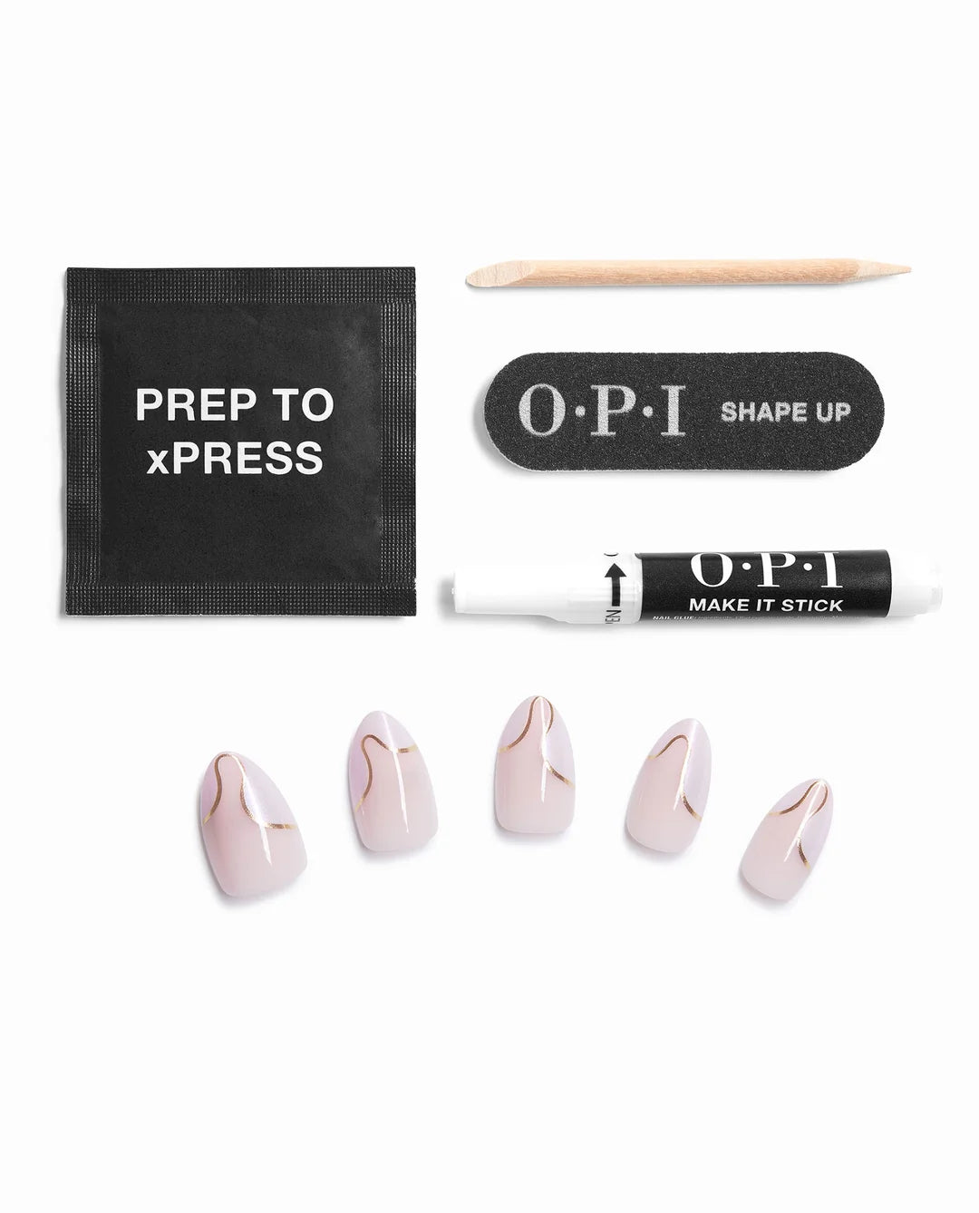 OPI xPRESS ON 24K Drip medium almond press on nails package with wipe, cuticle stick, nail file, nail glue and press on nails