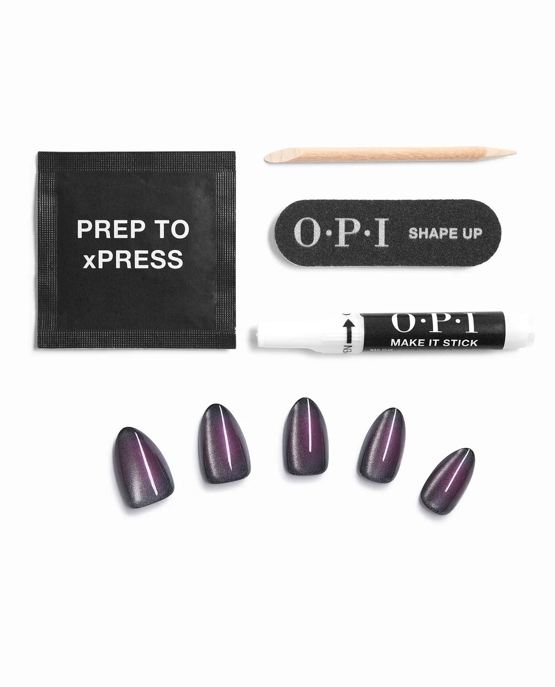 OPI Aura After Dark press on nails kit contents with nail glue prep pad and tools