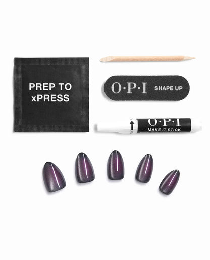 OPI Aura After Dark press on nails kit contents with nail glue prep pad and tools