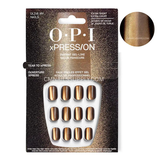 OPI xPRESS/ON Olive My Nails green chrome extra short square press-on nails