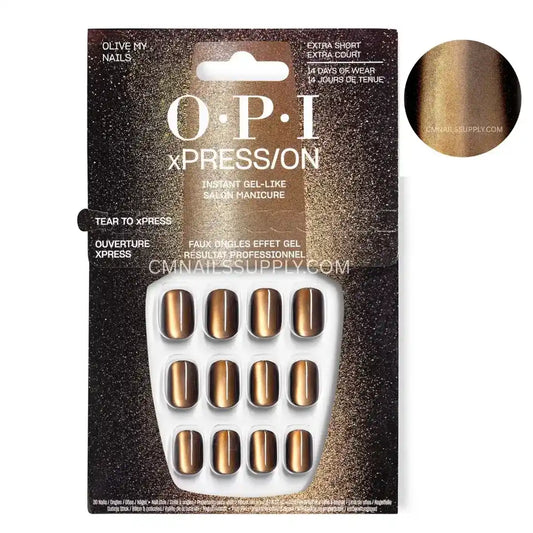 OPI xPRESS/ON Olive My Nails green chrome extra short square press-on nails