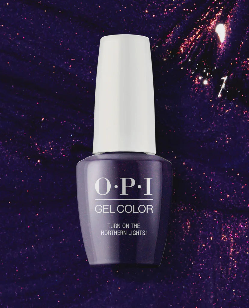opi gel turn on the northern lights nail polish bottle with a purple gradient background
