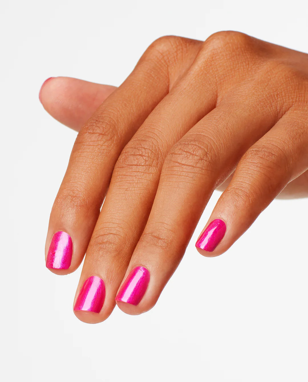 Hand with pink nail polish on a white background OPI pompeii-purple-manicure-OPI-gel