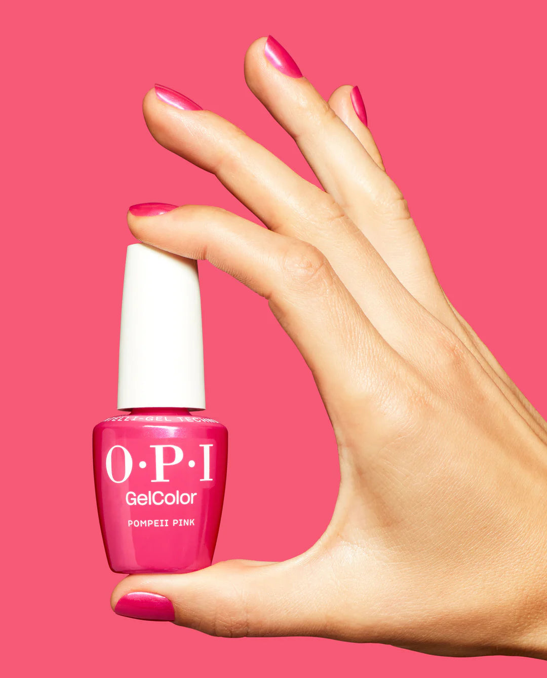 OPI GelColor Pompeii Pink S067 bottle displayed alongside Pompeii Purple for iconic shade family comparison.

