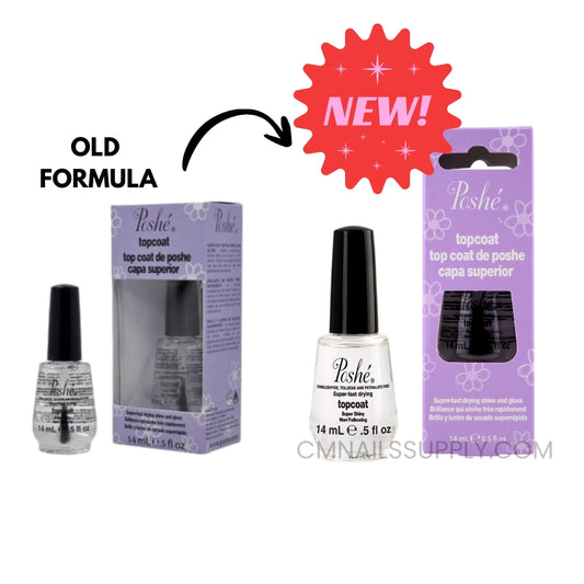 Poshe top coat 0.5 oz fast drying for professional nail salon use Canada, old packaging vs. new packaging