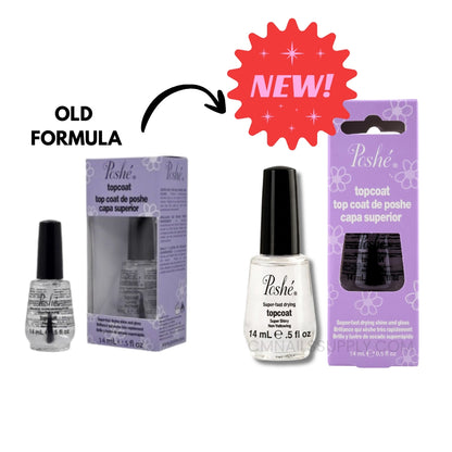 Poshe top coat 0.5 oz fast drying for professional nail salon use Canada, old packaging vs. new packaging