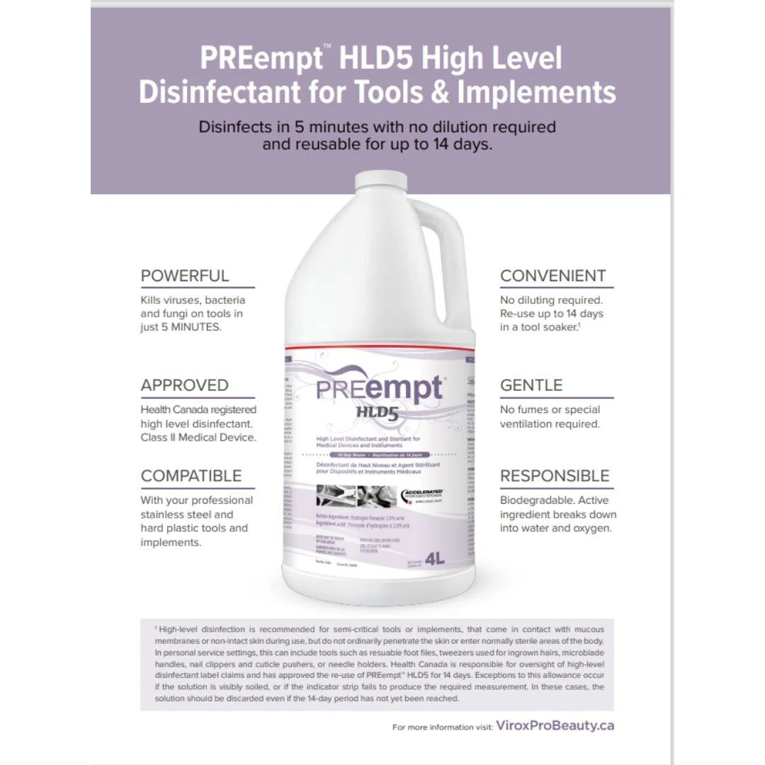 PREempt HLD5 chemical sterilant disinfectant for disinfecting nail salon tools and implements high level disinfectant solution