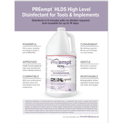 PREempt HLD5 chemical sterilant disinfectant for disinfecting nail salon tools and implements high level disinfectant solution