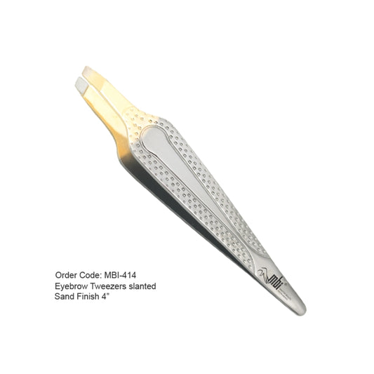 MBI-414 eyebrow tweezer with slanted gold tip for professional brow shaping in Canada.