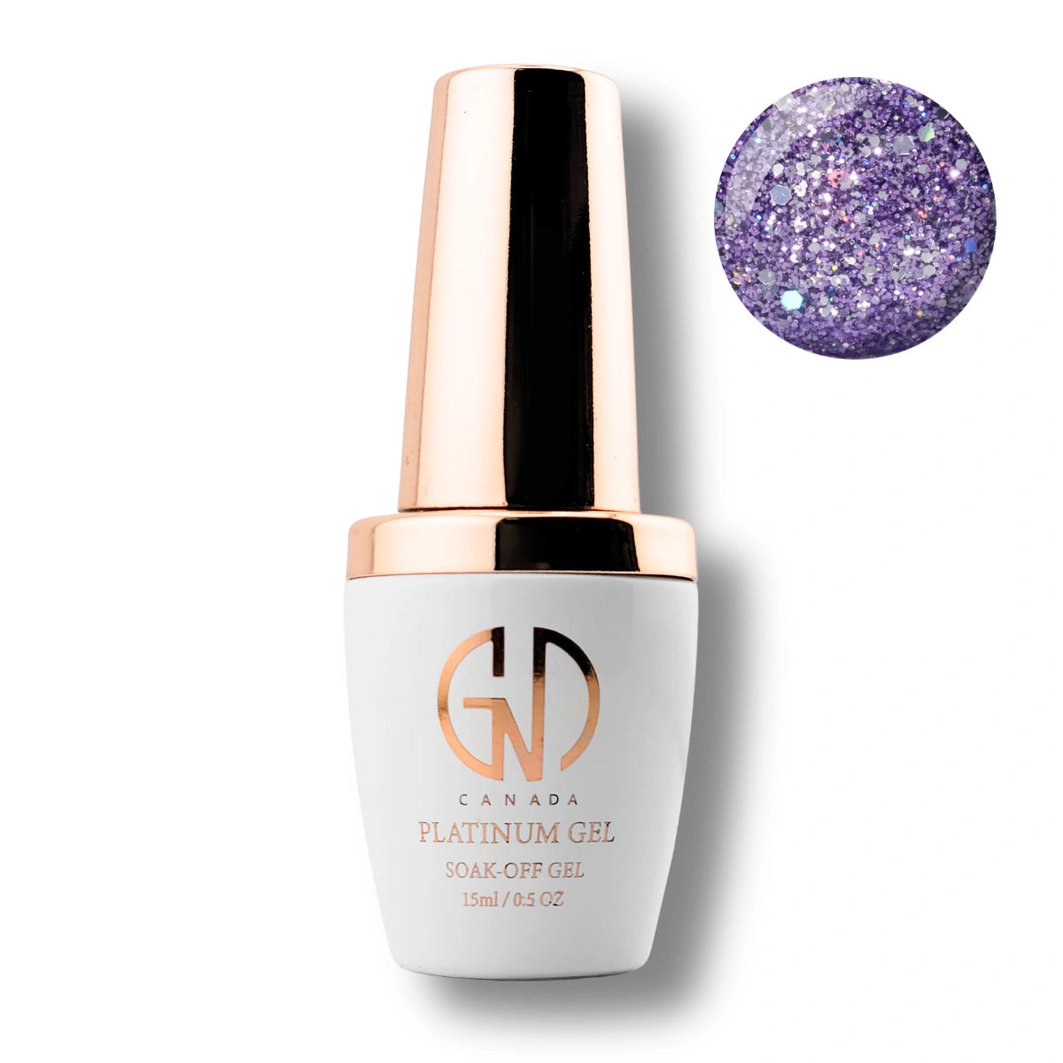 A bottle of Canada Platinum Gel soak-off gel nail polish with a white body and metallic rose gold cap, shown alongside a circular swatch of purple glitter gel polish on a white background.