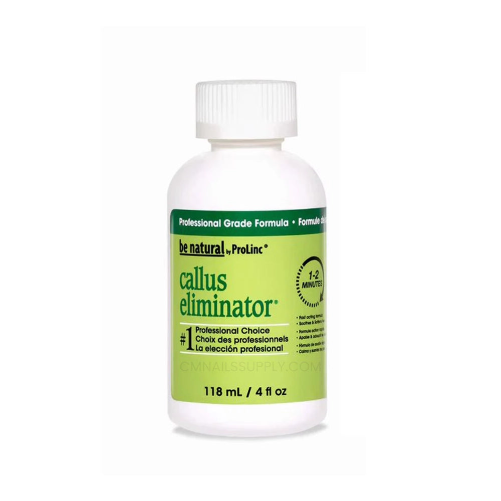 Bottle of be natural ProLine callus eliminator on a white background