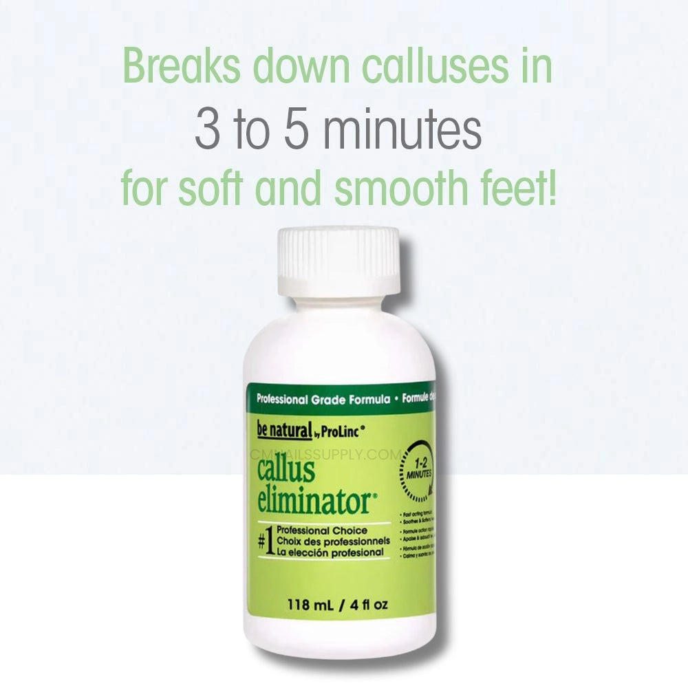 Bottle of callus eliminator with text on a white background