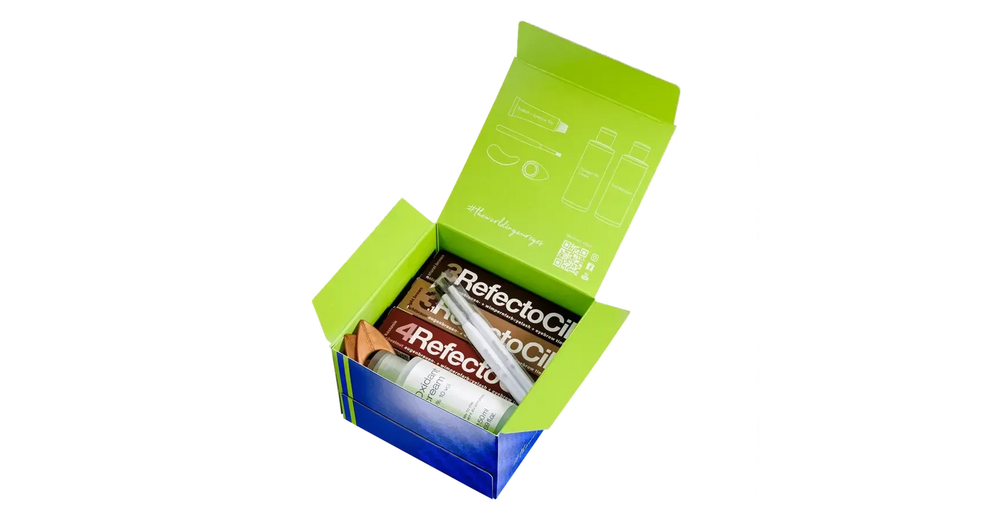 Box packaging of the RefectoCil Starter Kit Basic Colours unboxed