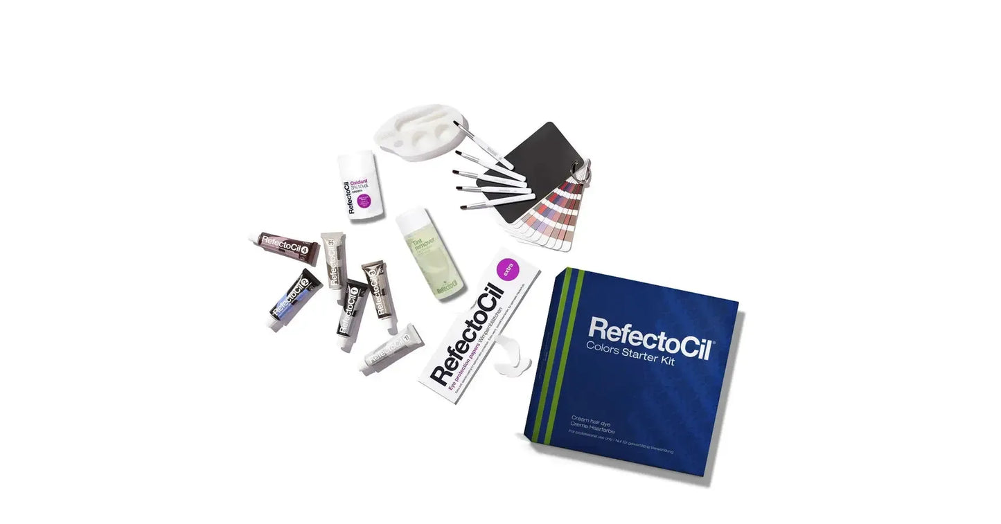 Flat lay of all RefectoCil starter kit contents including tints, oxidant, remover, and tools