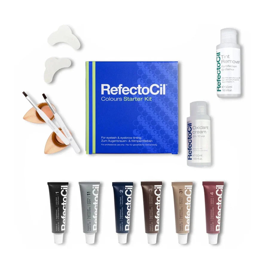 RefectoCil Colours Starter Kit displayed on a white background, including a blue box, two small white bottles, four paint tubes in black, gray, blue, brown, beige, and burgundy, and two white curved applicator pieces. Mini mixing dishes and brushes included in the RefectoCil starter kit