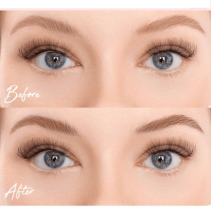 Before and after comparison of a person's eyes showing eyelash enhancement. The top panel labeled 'Before' shows natural-length eyelashes, and the bottom panel labeled 'After' shows longer, fuller curled eyelashes.
