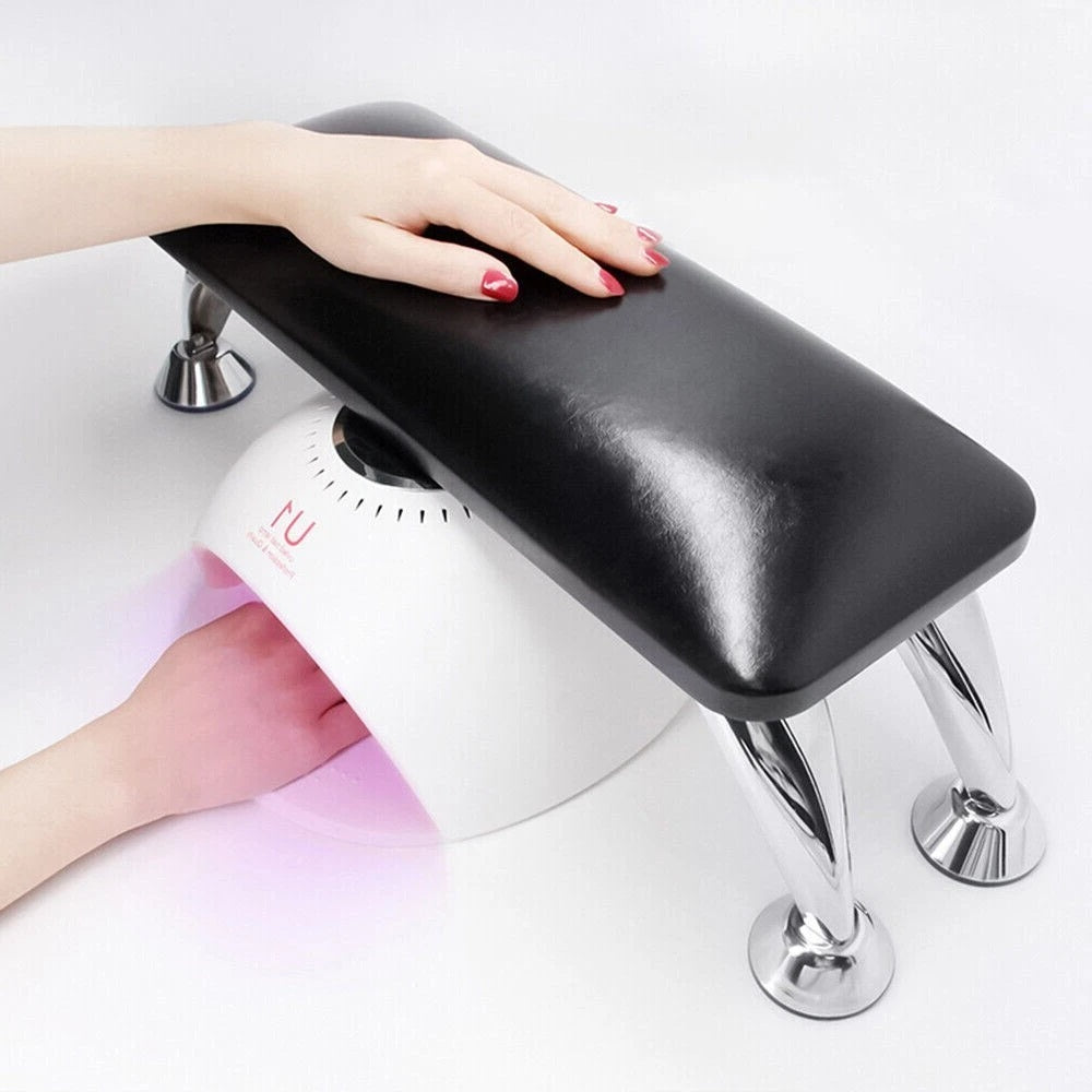 Professional Nail Hand Rest Cushion – Black Leather Manicure Arm Support with Non-Slip Rubber Base & Stainless Steel Legs - CM Nails & Beauty Supply