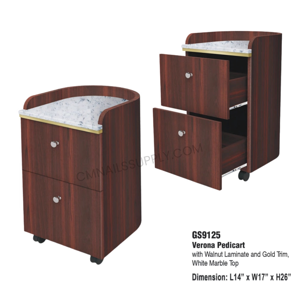 Rolling pedicure cart with walnut laminate for nail salons