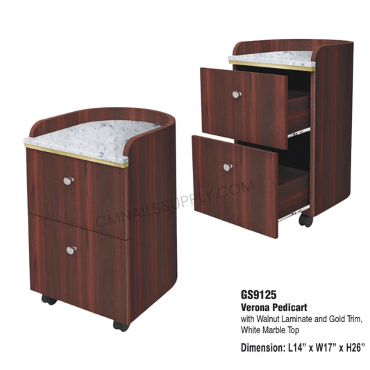 Rolling pedicure cart with walnut laminate for nail salons
