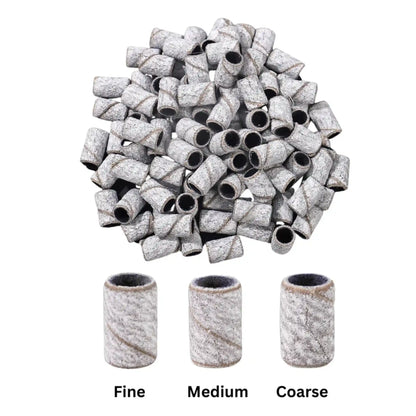 Professional sanding bands for e file nail drills showing fine grit, medium grit, coarse grit