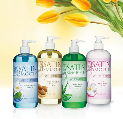 Four bottles of Satin Smooth skincare products with yellow tulips in the background.
