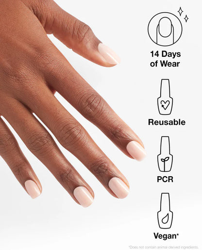 Hand with beige nail polish and icons indicating '14 Days of Wear', 'Reusable', 'PCR', and 'Vegan' on a white background.