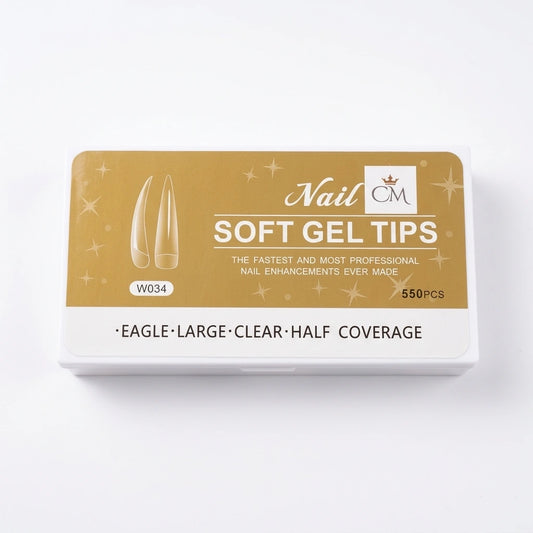 Pack of nail soft gel tips eagle large with branding on a white background