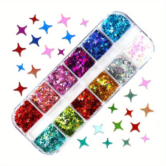 Holographic Star Nail Glitter Set | 12-Grid Sparkle Sequins for Nail Art, Makeup & DIY Crafts | 275SF - CM Nails & Beauty Supply