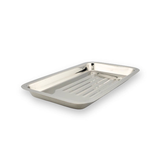 Flat stainless steel instrument tray with a seamless design to prevent bacterial buildup