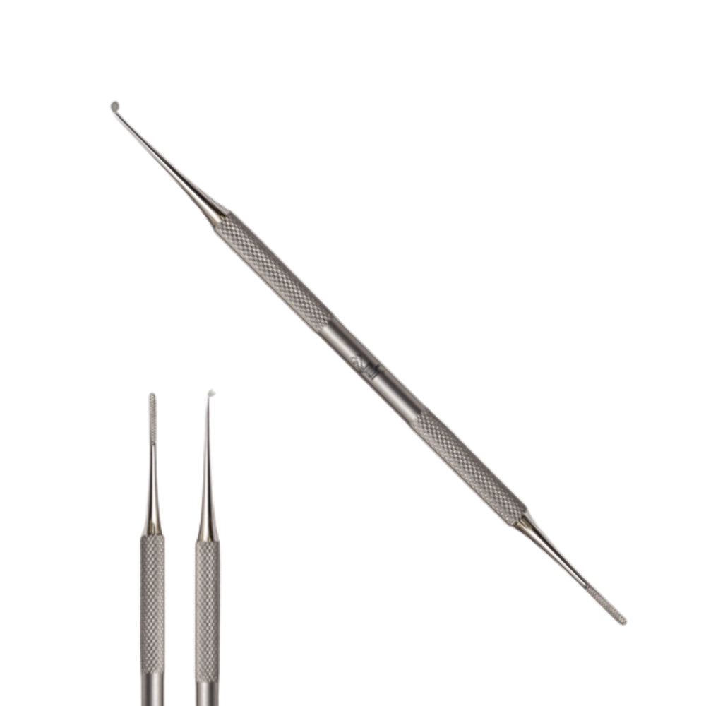Stainless steel dual ended nail excavator and black file for Canadian salons.