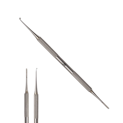 Stainless steel dual ended nail excavator and black file for Canadian salons.