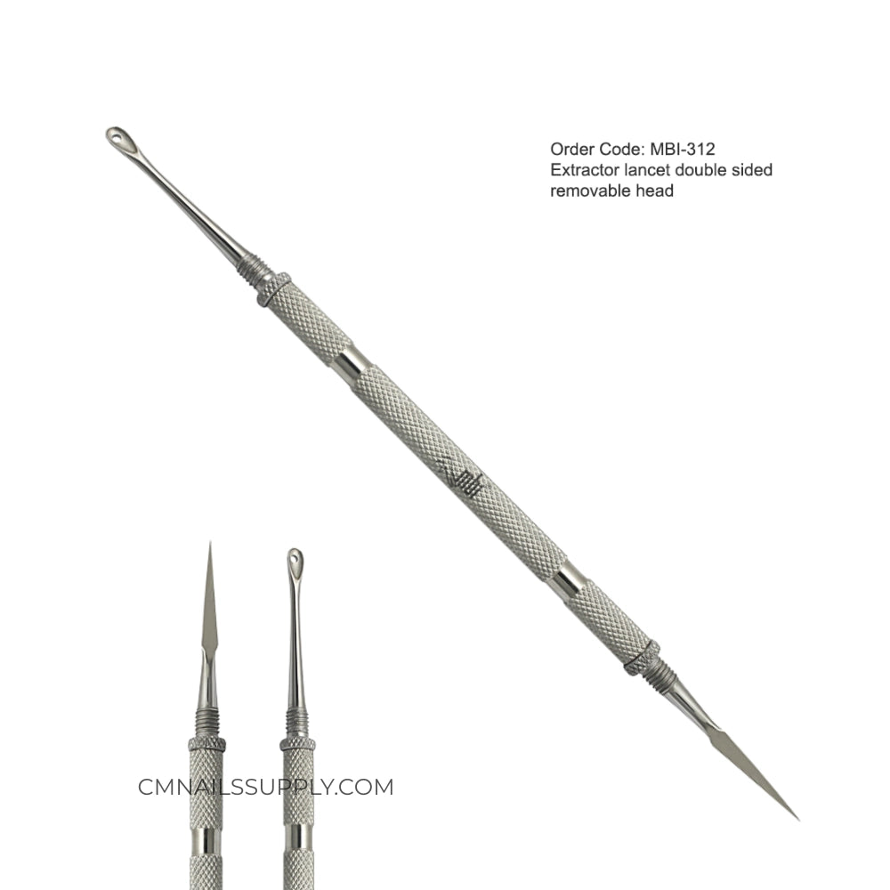 Dual sided nail extractor tool with removable heads for easy sterilization in salons.