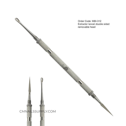 Dual sided nail extractor tool with removable heads for easy sterilization in salons.