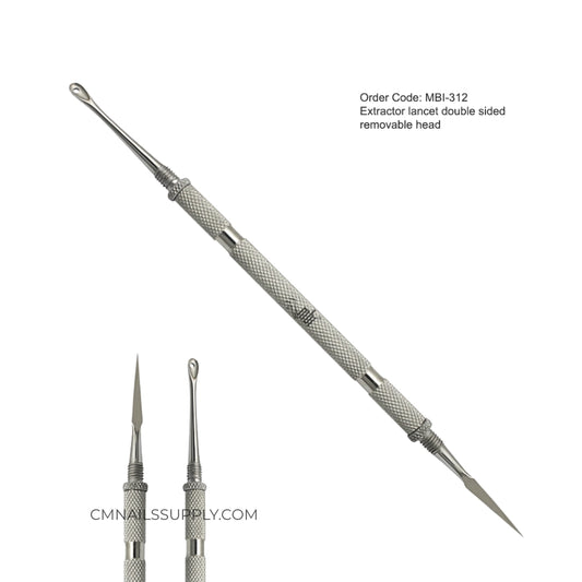 Dual sided nail extractor tool with removable heads for easy sterilization in salons.