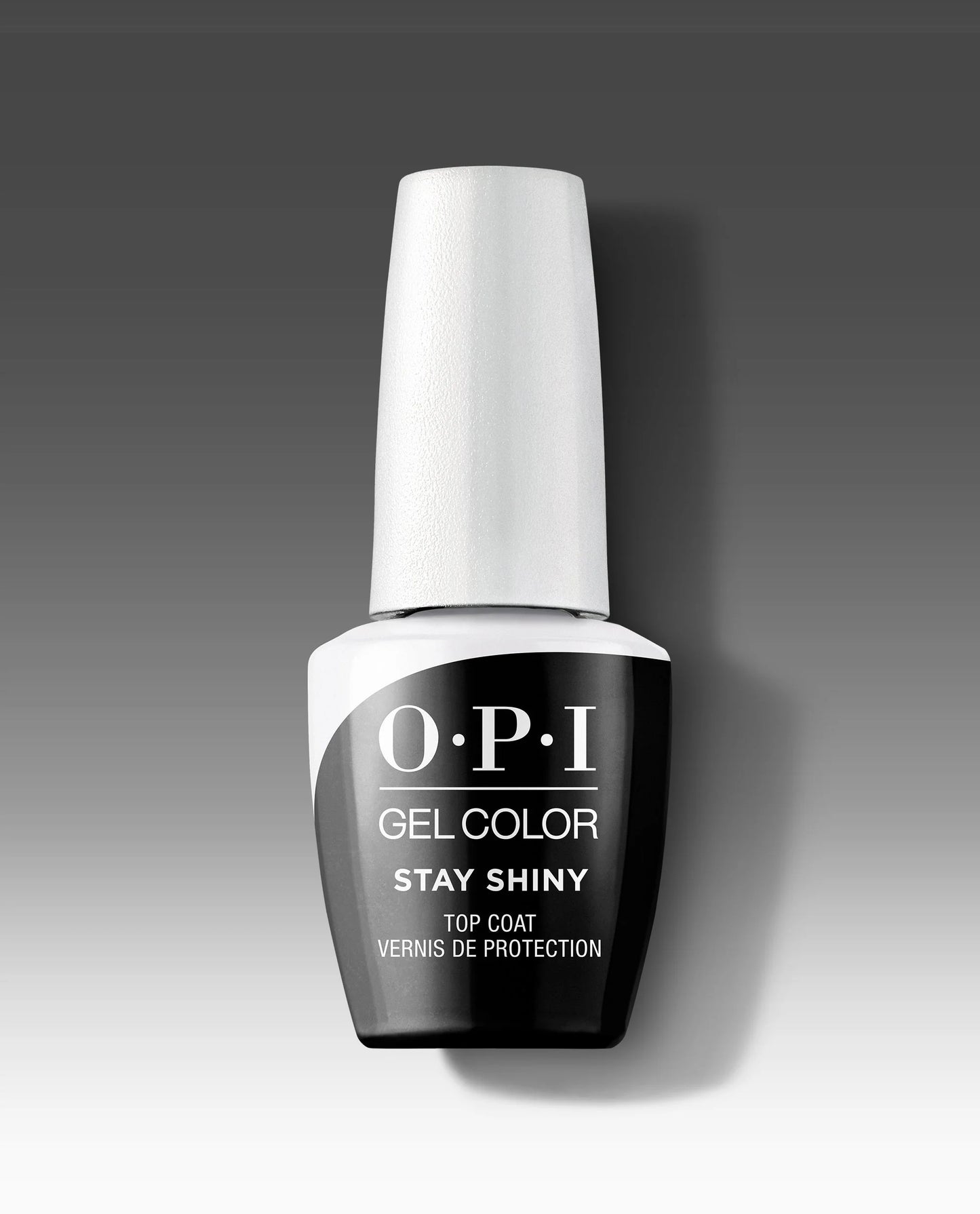 OPI gel color top coat bottle with white cap on a gradient gray background