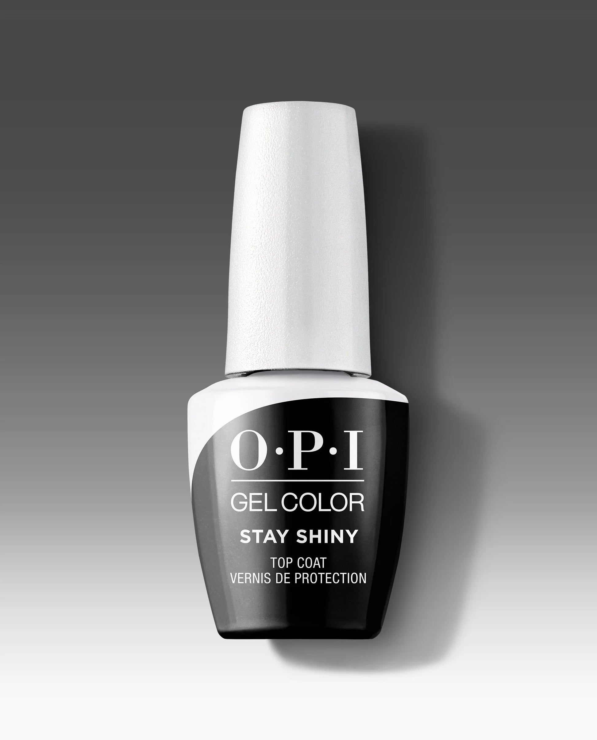 OPI gel color top coat bottle with white cap on a gradient gray background