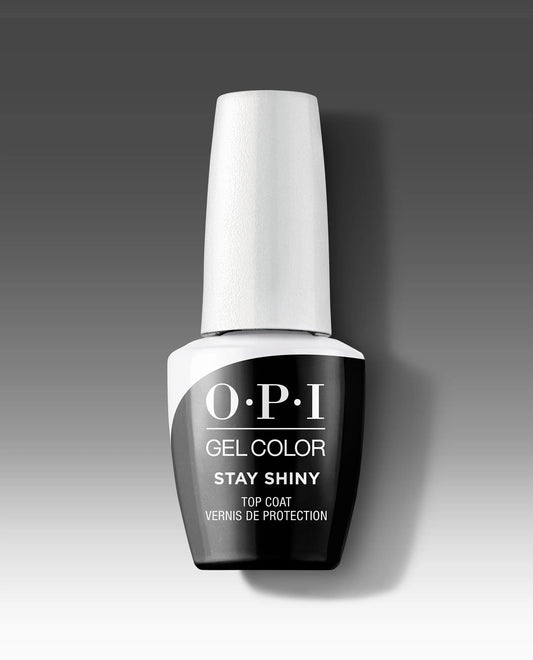OPI gel color top coat bottle with white cap on a gradient gray background