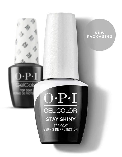 OPI GelColor nail polish bottle with 'Stay Shiny' text on a white background