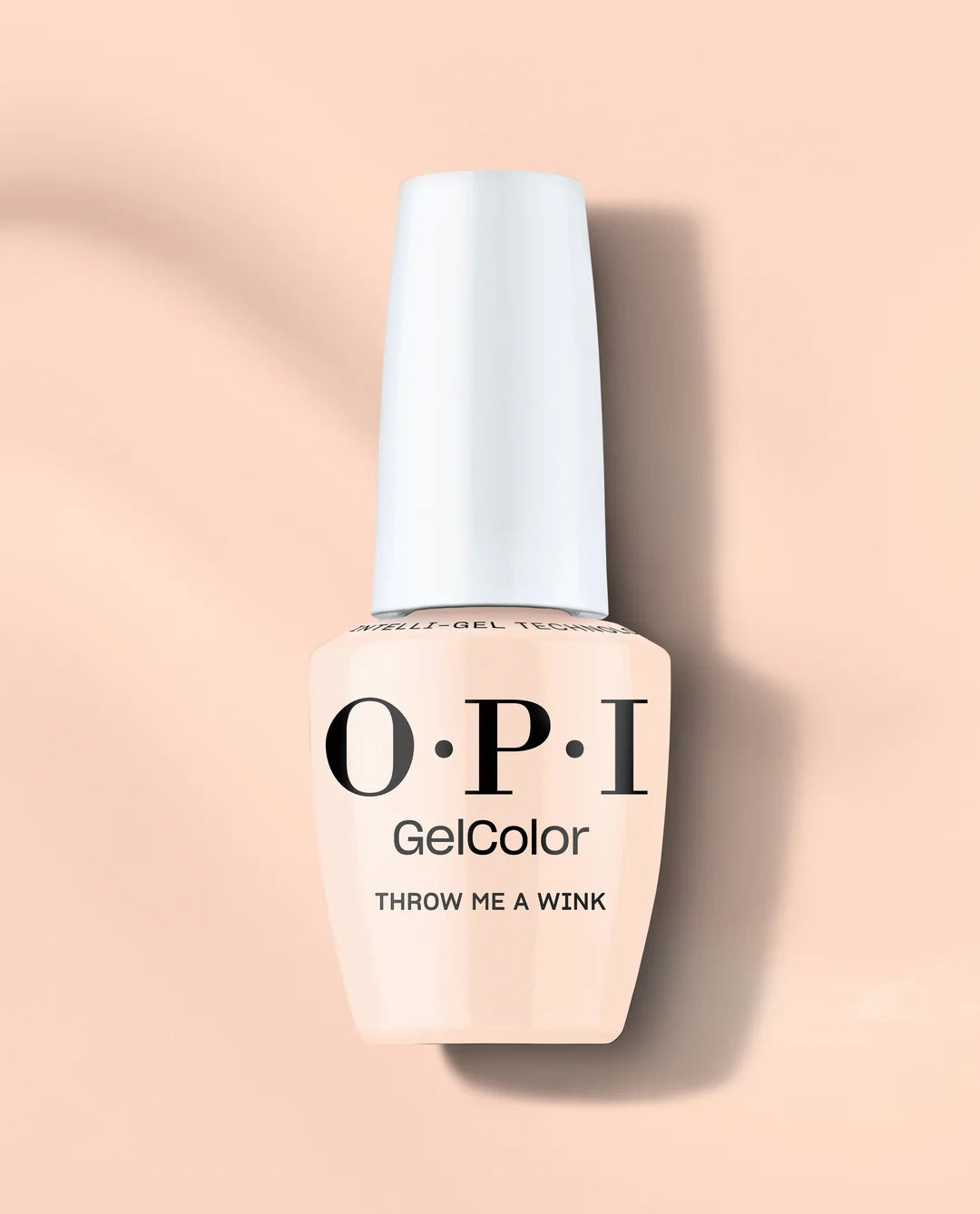 OPI Gel Nail Polish Throw Me a Wink gel nail polish bottle with a light pink shade on a beige background