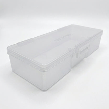 An open transparent plastic manicure tool box displaying its spacious interior.