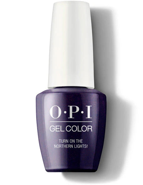 OPI gel color nail polish bottle i57 turn on the northern lights with white cap on a light gray background