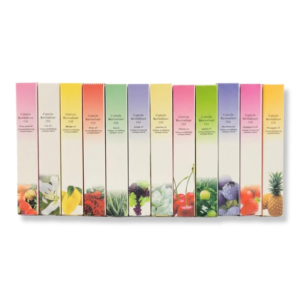 Wholesale 12-pack bundle of assorted natural revitalizing cuticle oil pens.