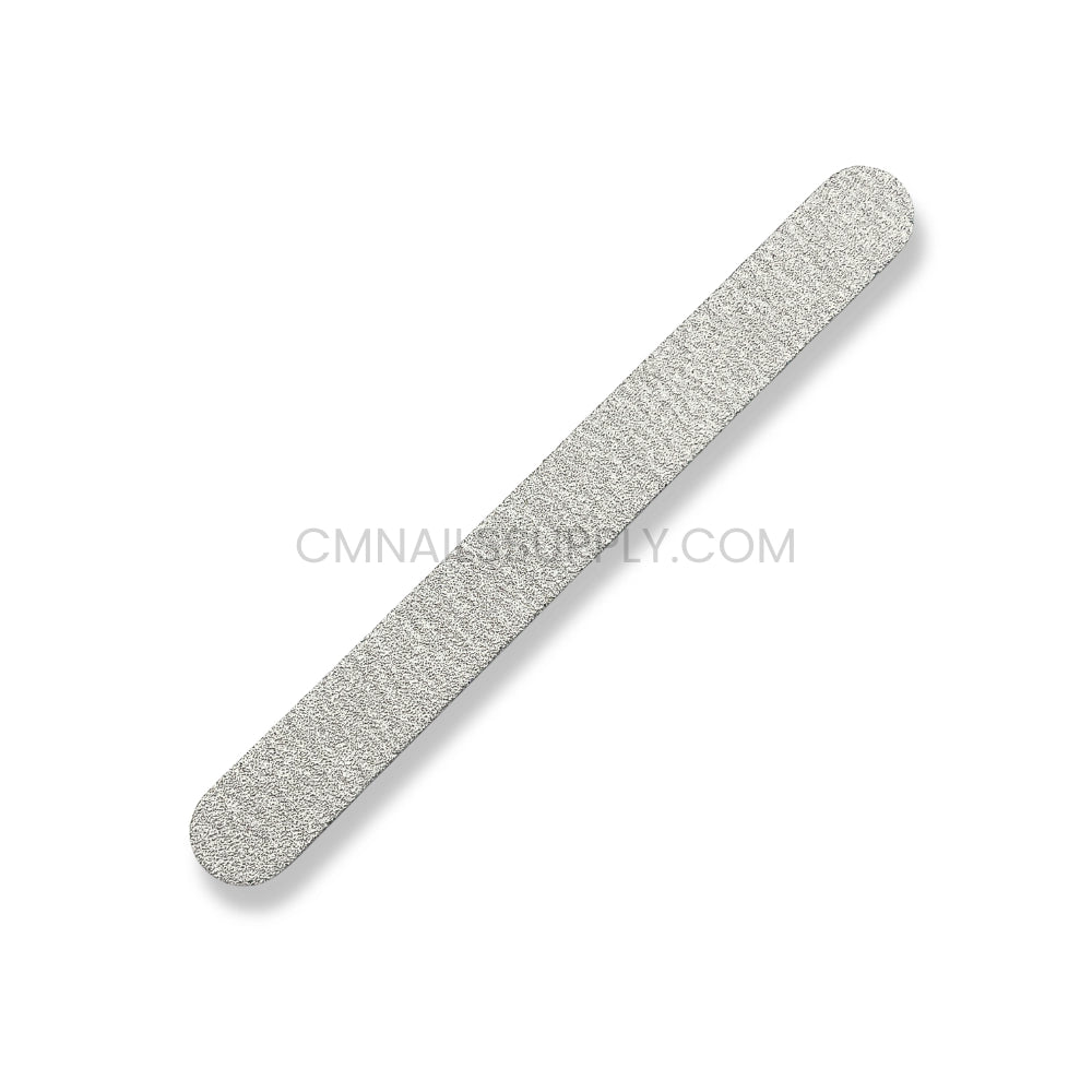 Zebra pattern nail file 100/100 grit shown in use shaping acrylic nails at a professional nail station