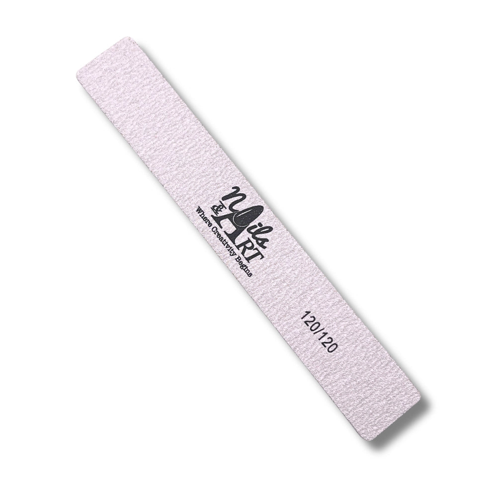 Zebra pattern jumbo square nail file 120/120 medium coarse grit shown shaping acrylic nails at a professional nail station