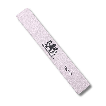 Zebra pattern jumbo square nail file 120/120 medium coarse grit shown shaping acrylic nails at a professional nail station