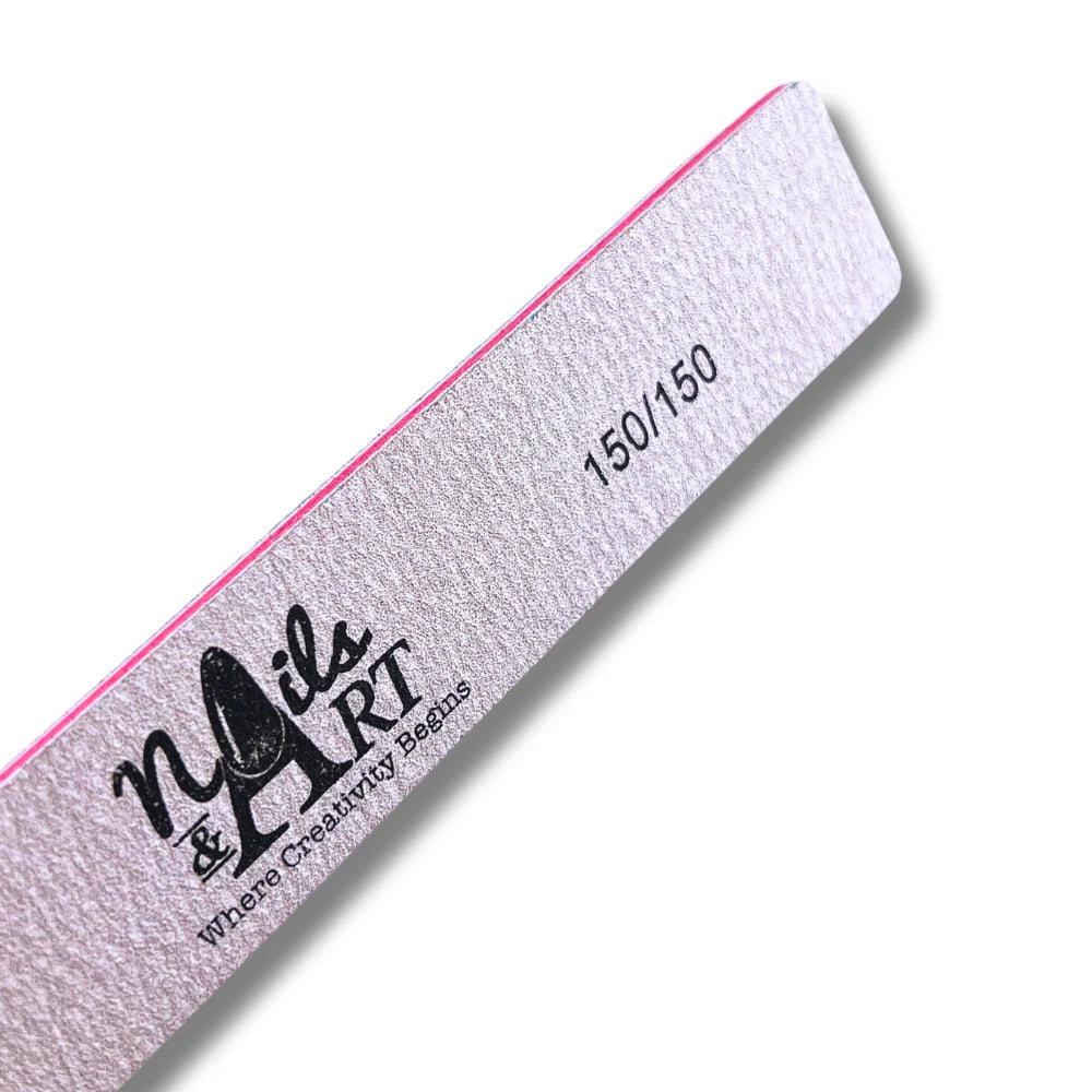 Zebra pattern jumbo square nail file 150/150 medium fine grit shown smoothing acrylic nail surface at a professional nail station