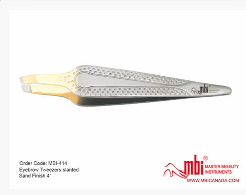 MBI-414 Eyebrow tweezer slanted Gold tip with titanium finished handle Size 3.5″