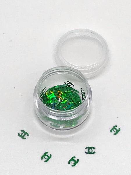 Nail Art Design - Iridescent Green Chanel Gems 3D Nails