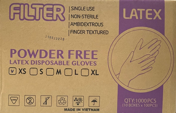 Filter GLOVE Latex Powder-Free | X/Small | Box of 100| Case of 10 boxes